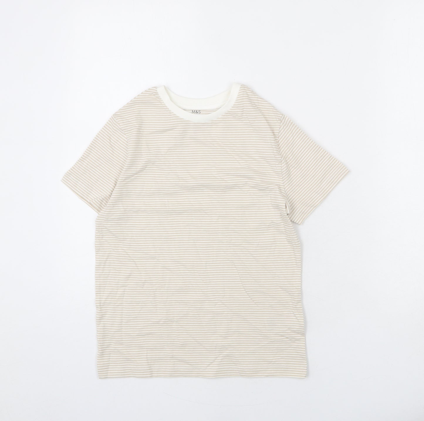 Marks and Spencer Boys Beige Striped Cotton Basic T-Shirt Size 8-9 Years Round Neck Pullover