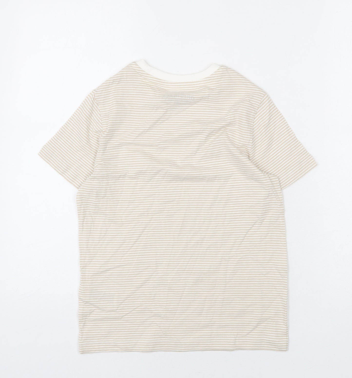 Marks and Spencer Boys Beige Striped Cotton Basic T-Shirt Size 8-9 Years Round Neck Pullover