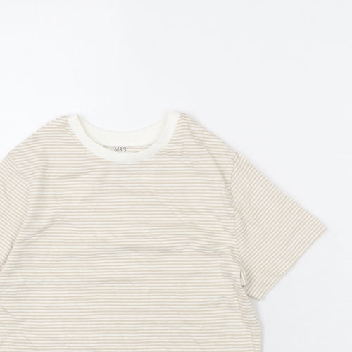Marks and Spencer Boys Beige Striped Cotton Basic T-Shirt Size 8-9 Years Round Neck Pullover