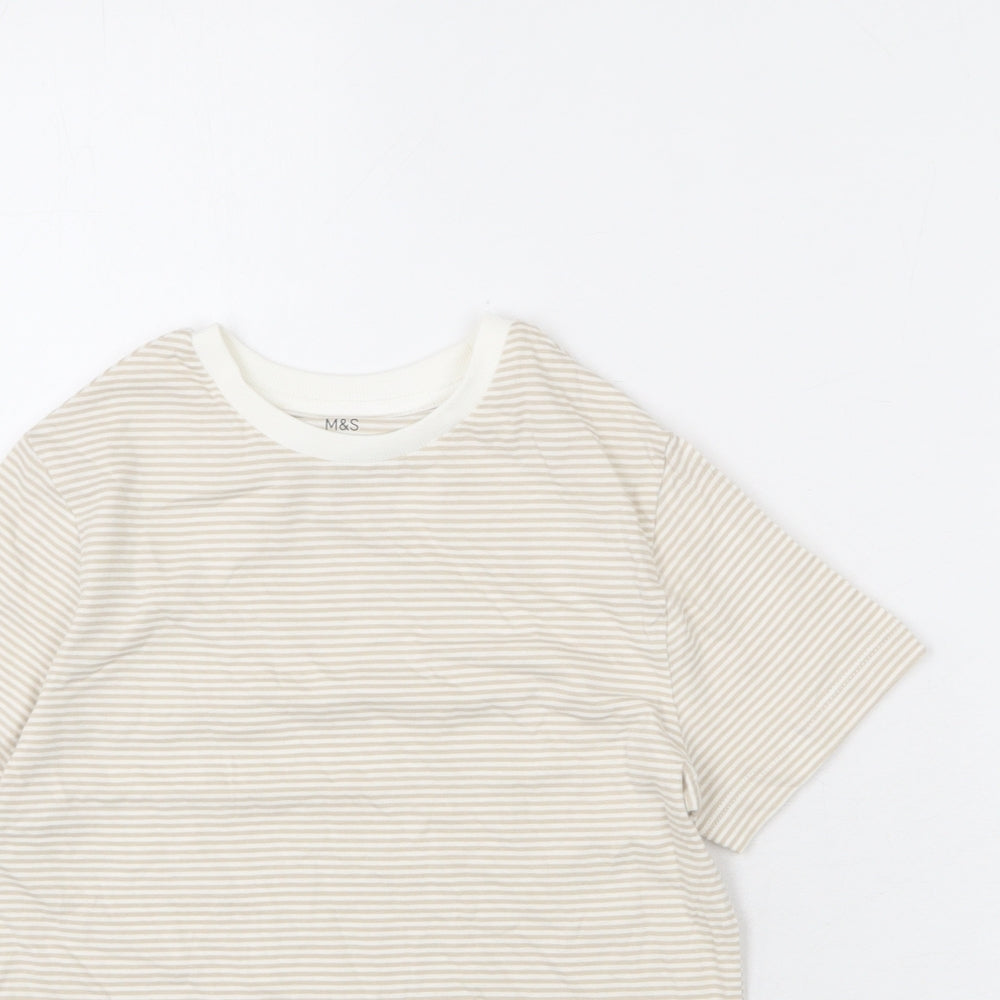 Marks and Spencer Boys Beige Striped Cotton Basic T-Shirt Size 8-9 Years Round Neck Pullover