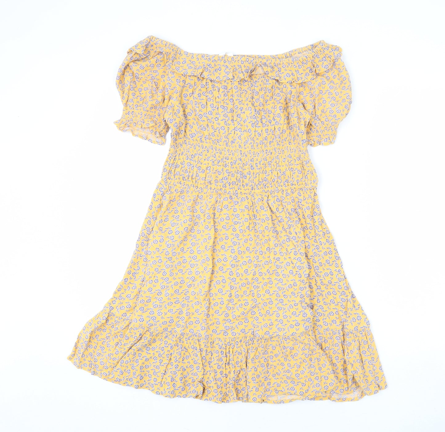 Marks and Spencer Girls Yellow Floral Viscose A-Line Size 12-13 Years Off the Shoulder Pullover - Ruffle Detail