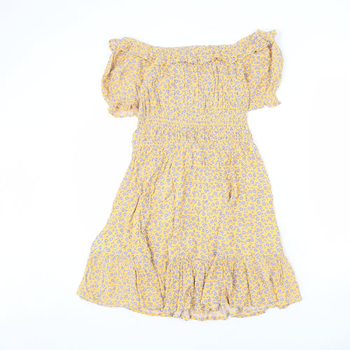Marks and Spencer Girls Yellow Floral Viscose A-Line Size 12-13 Years Off the Shoulder Pullover - Ruffle Detail