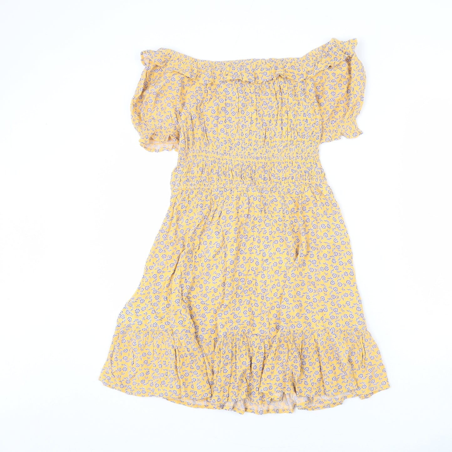 Marks and Spencer Girls Yellow Floral Viscose A-Line Size 12-13 Years Off the Shoulder Pullover - Ruffle Detail