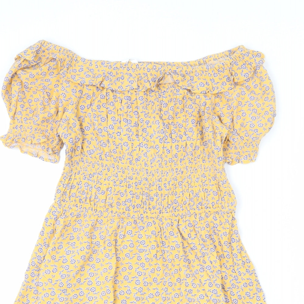 Marks and Spencer Girls Yellow Floral Viscose A-Line Size 12-13 Years Off the Shoulder Pullover - Ruffle Detail