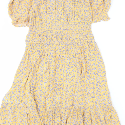 Marks and Spencer Girls Yellow Floral Viscose A-Line Size 12-13 Years Off the Shoulder Pullover - Ruffle Detail