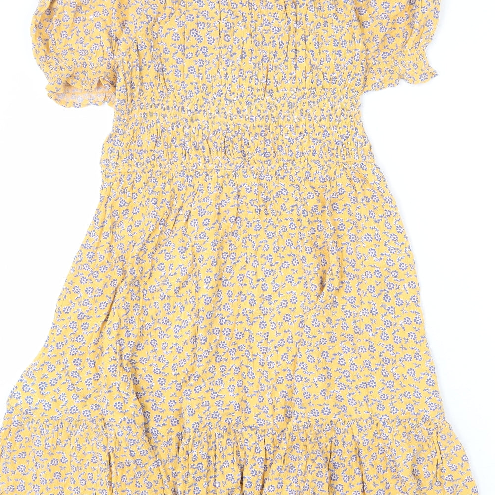 Marks and Spencer Girls Yellow Floral Viscose A-Line Size 12-13 Years Off the Shoulder Pullover - Ruffle Detail