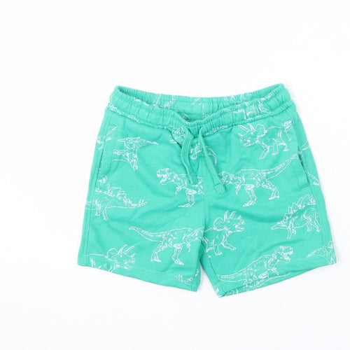 Marks and Spencer Boys Green Geometric Cotton Bermuda Shorts Size 5-6 Years Regular Drawstring - Dinosaur