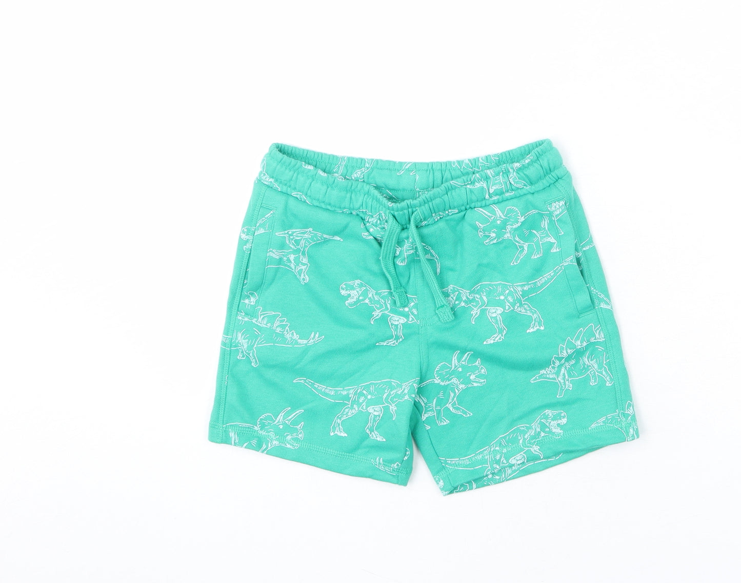 Marks and Spencer Boys Green Geometric Cotton Bermuda Shorts Size 5-6 Years Regular Drawstring - Dinosaur