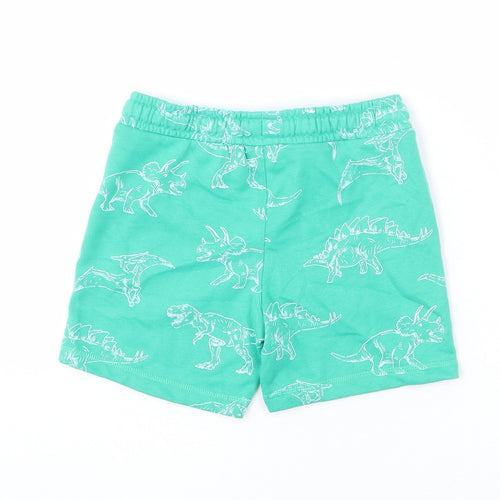 Marks and Spencer Boys Green Geometric Cotton Bermuda Shorts Size 5-6 Years Regular Drawstring - Dinosaur