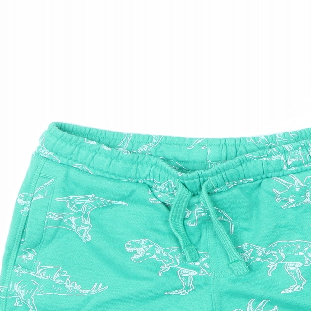Marks and Spencer Boys Green Geometric Cotton Bermuda Shorts Size 5-6 Years Regular Drawstring - Dinosaur