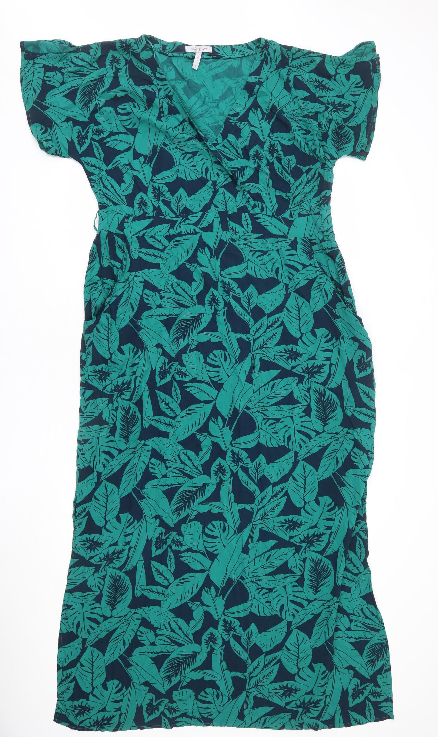 Bravissimo Womens Green Geometric Viscose Maxi Size 18 V-Neck Zip - Leaf Print, Side Slits