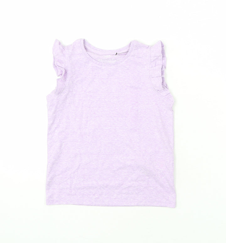 Marks and Spencer Girls Purple Cotton Basic T-Shirt Size 4-5 Years Round Neck Pullover - Ruffle Detail