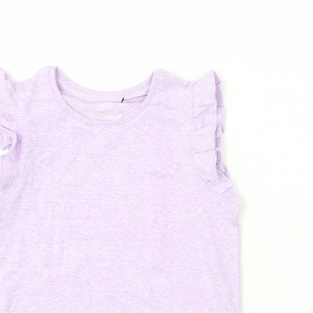 Marks and Spencer Girls Purple Cotton Basic T-Shirt Size 4-5 Years Round Neck Pullover - Ruffle Detail