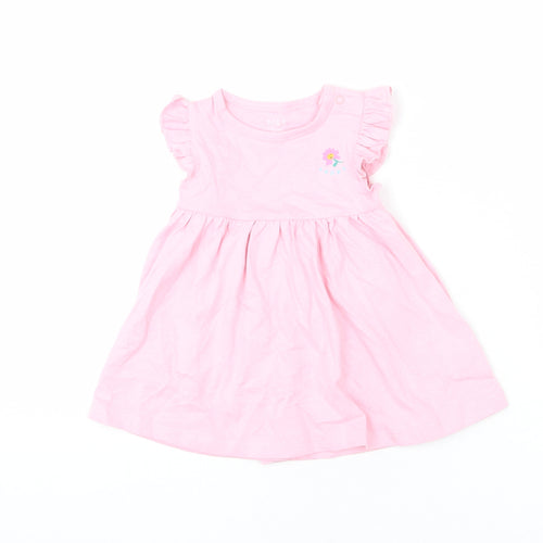 Marks and Spencer Girls Pink 100% Cotton A-Line Size 3-6 Months Round Neck Snap - Ruffle Detail, Happy, Flower
