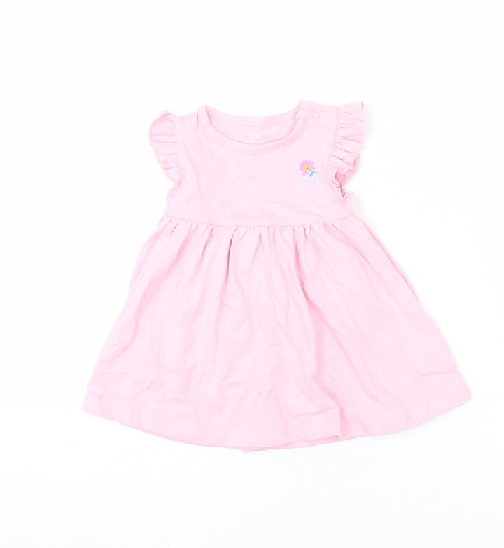 Marks and Spencer Girls Pink 100% Cotton A-Line Size 3-6 Months Round Neck Snap - Ruffle Detail, Happy, Flower