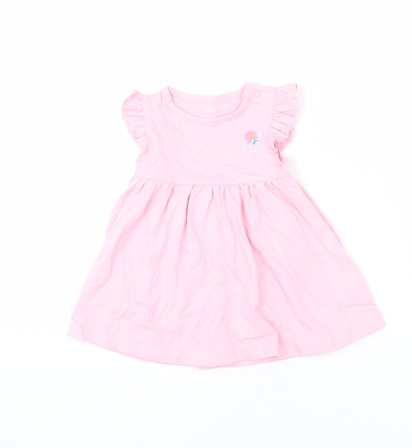 Marks and Spencer Girls Pink 100% Cotton A-Line Size 3-6 Months Round Neck Snap - Ruffle Detail, Happy, Flower