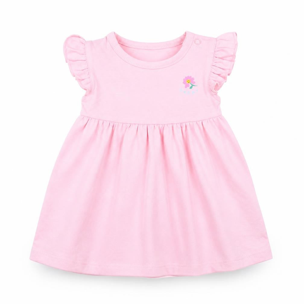 Marks and Spencer Girls Pink 100% Cotton A-Line Size 3-6 Months Round Neck Snap - Ruffle Detail, Happy, Flower