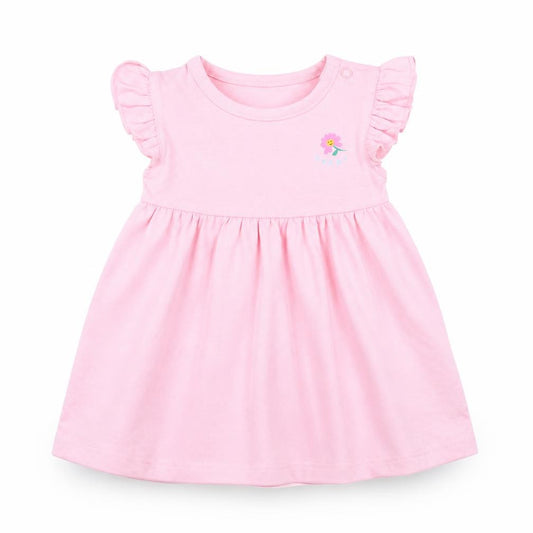 Front view of Marks & Spencer girls’ pink 100% cotton a-line, size 3-6, months round neck snap - ruffle detail, happy, flower