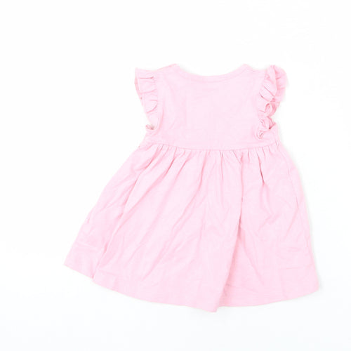 Marks and Spencer Girls Pink 100% Cotton A-Line Size 3-6 Months Round Neck Snap - Ruffle Detail, Happy, Flower
