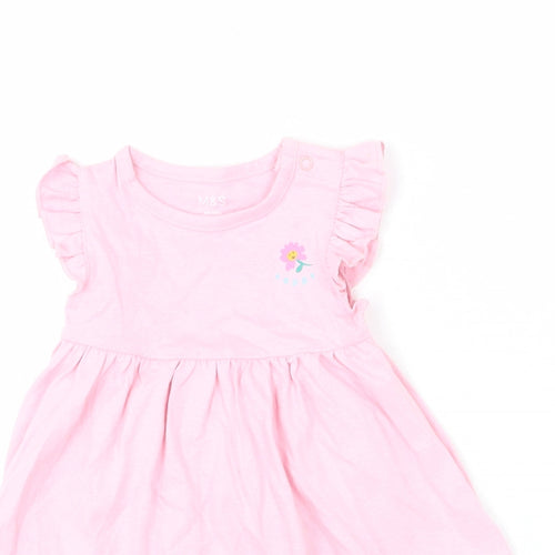 Marks and Spencer Girls Pink 100% Cotton A-Line Size 3-6 Months Round Neck Snap - Ruffle Detail, Happy, Flower