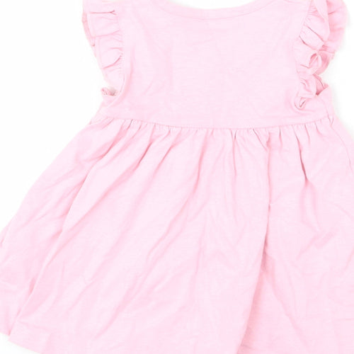 Marks and Spencer Girls Pink 100% Cotton A-Line Size 3-6 Months Round Neck Snap - Ruffle Detail, Happy, Flower
