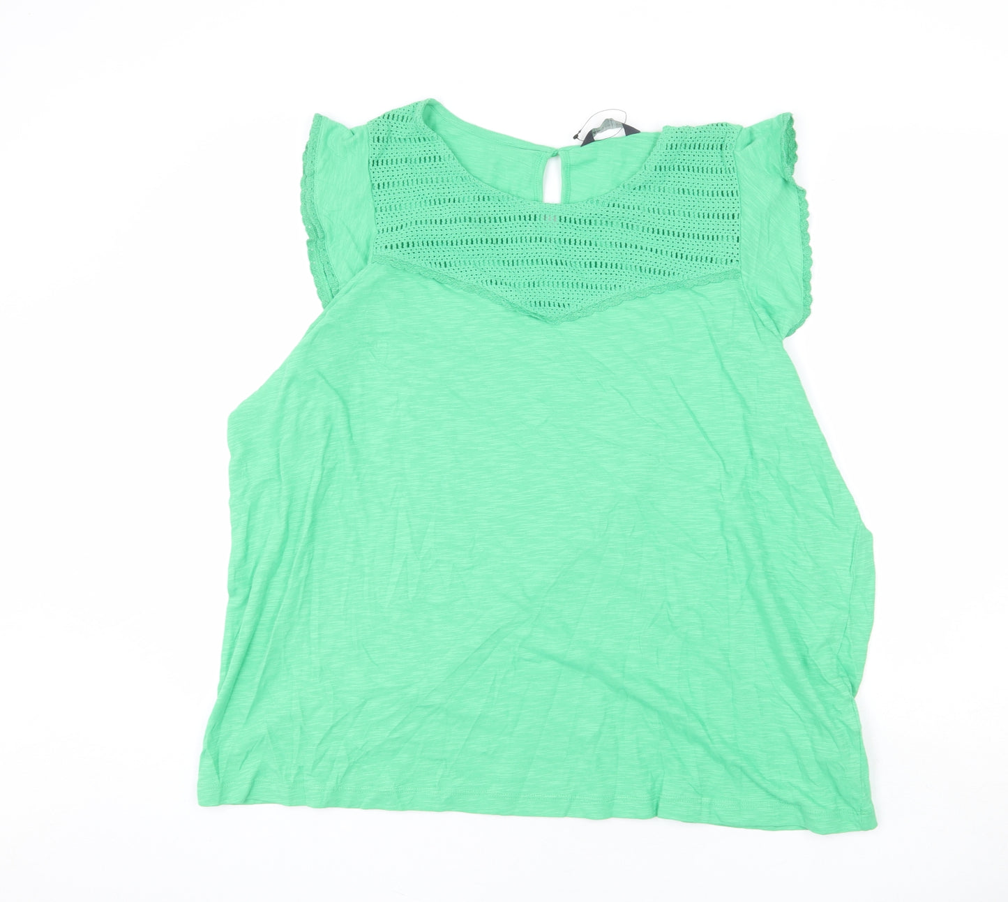 Marks and Spencer Womens Green 100% Cotton Basic T-Shirt Size 24 Round Neck - Lace Detail, Ruffle Sleeves