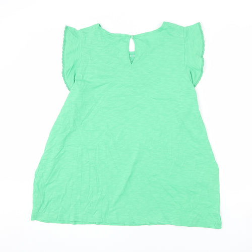 Marks and Spencer Womens Green 100% Cotton Basic T-Shirt Size 24 Round Neck - Lace Detail, Ruffle Sleeves