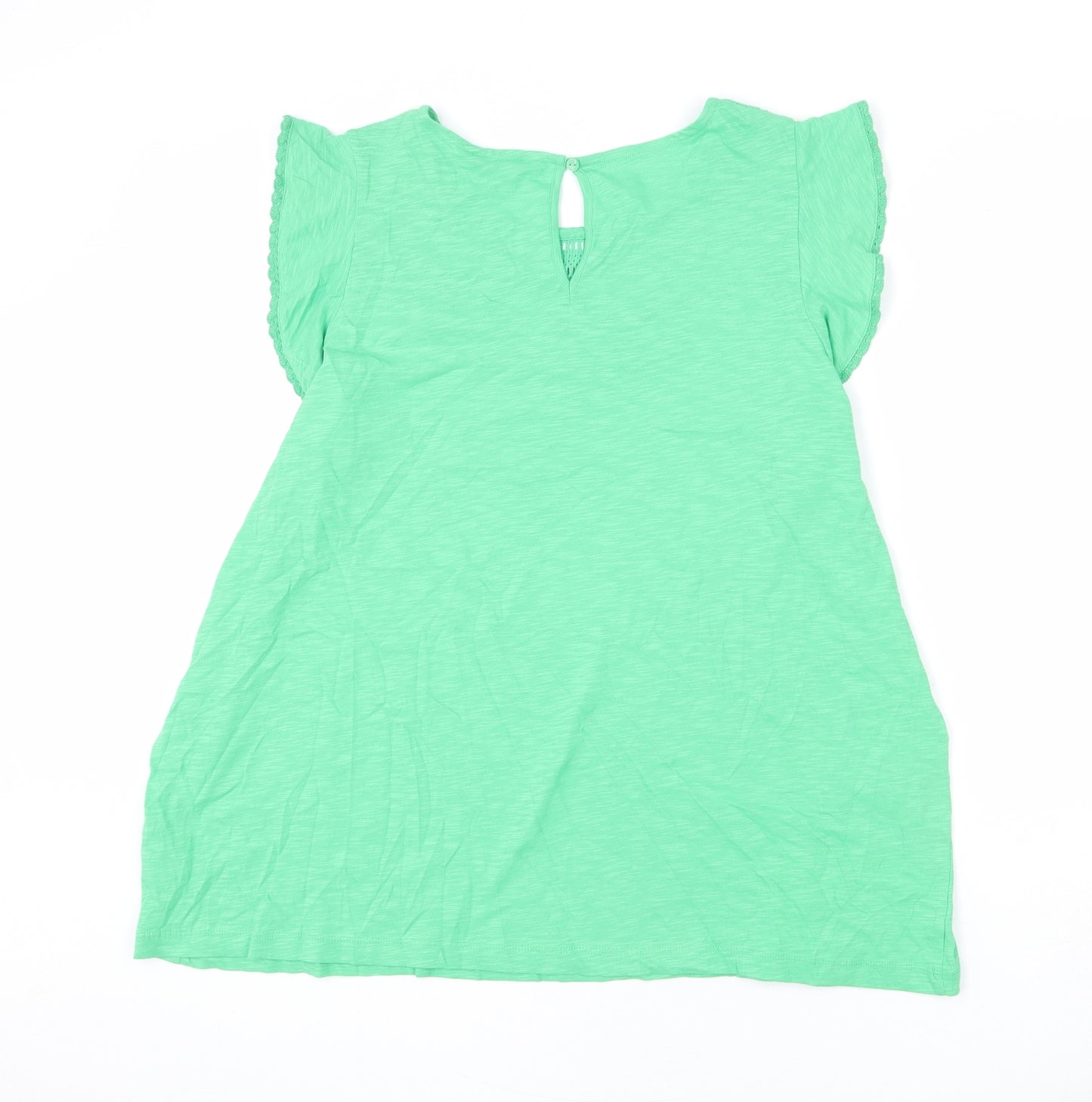 Marks and Spencer Womens Green 100% Cotton Basic T-Shirt Size 24 Round Neck - Lace Detail, Ruffle Sleeves