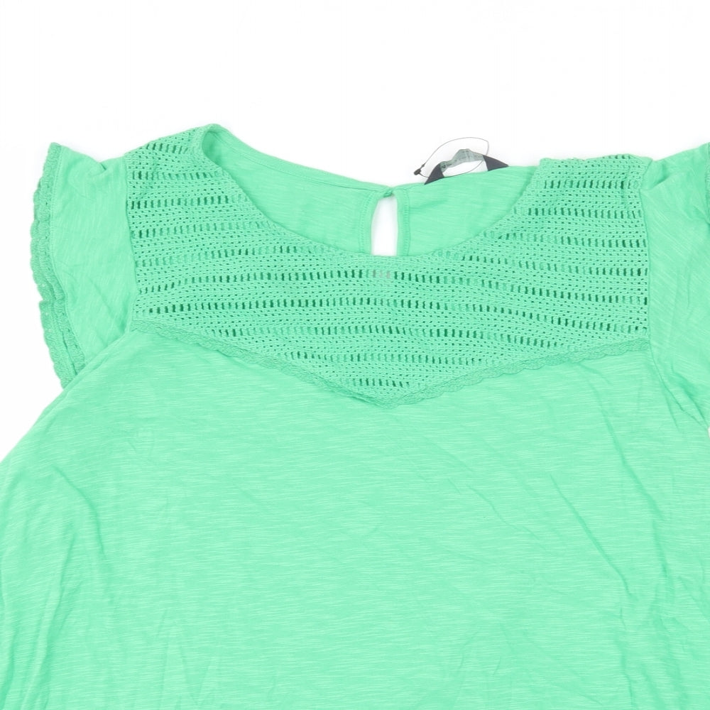 Marks and Spencer Womens Green 100% Cotton Basic T-Shirt Size 24 Round Neck - Lace Detail, Ruffle Sleeves