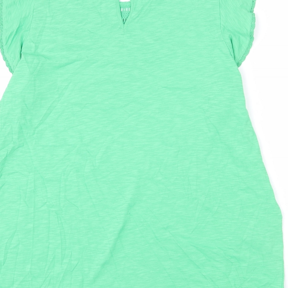 Marks and Spencer Womens Green 100% Cotton Basic T-Shirt Size 24 Round Neck - Lace Detail, Ruffle Sleeves