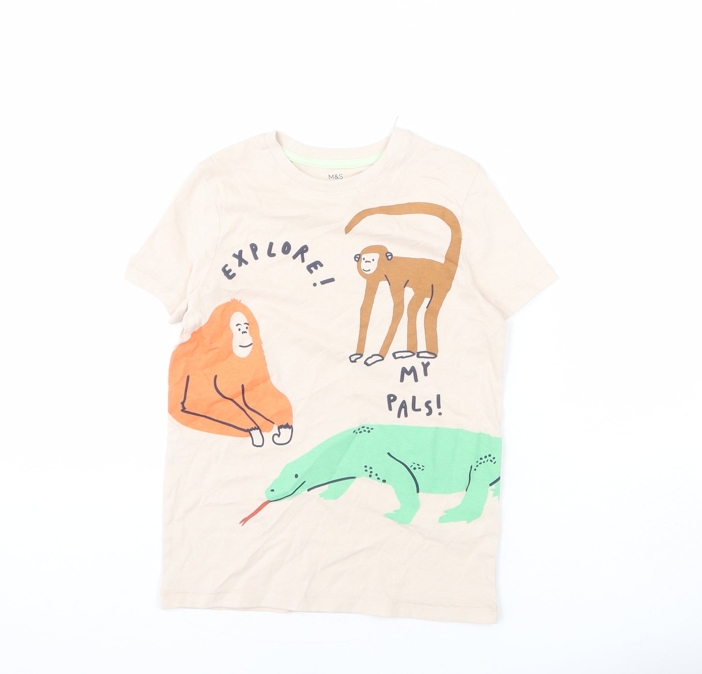Marks and Spencer Boys Beige Cotton Basic T-Shirt Size 7-8 Years Round Neck Pullover - Explore My Pals!, Monkey, Lizard