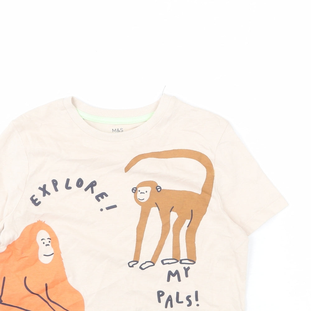 Marks and Spencer Boys Beige Cotton Basic T-Shirt Size 7-8 Years Round Neck Pullover - Explore My Pals!, Monkey, Lizard
