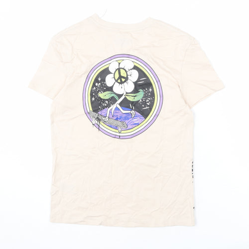 Marks and Spencer Boys Beige Cotton Basic T-Shirt Size 11-12 Years Round Neck Pullover - Create a Kinder World, Flower, Peace Sign