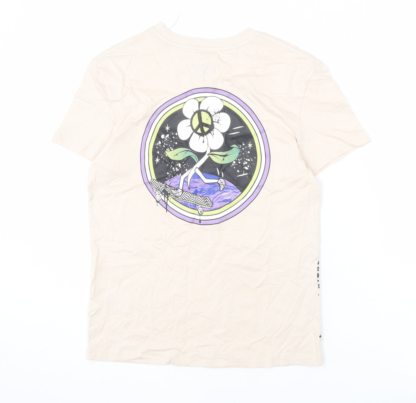 Marks and Spencer Boys Beige Cotton Basic T-Shirt Size 11-12 Years Round Neck Pullover - Create a Kinder World, Flower, Peace Sign