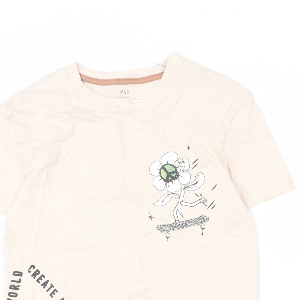 Marks and Spencer Boys Beige Cotton Basic T-Shirt Size 11-12 Years Round Neck Pullover - Create a Kinder World, Flower, Peace Sign