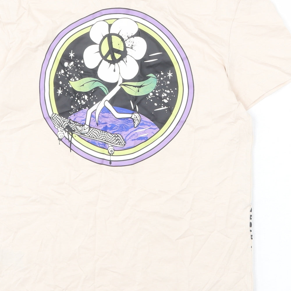 Marks and Spencer Boys Beige Cotton Basic T-Shirt Size 11-12 Years Round Neck Pullover - Create a Kinder World, Flower, Peace Sign