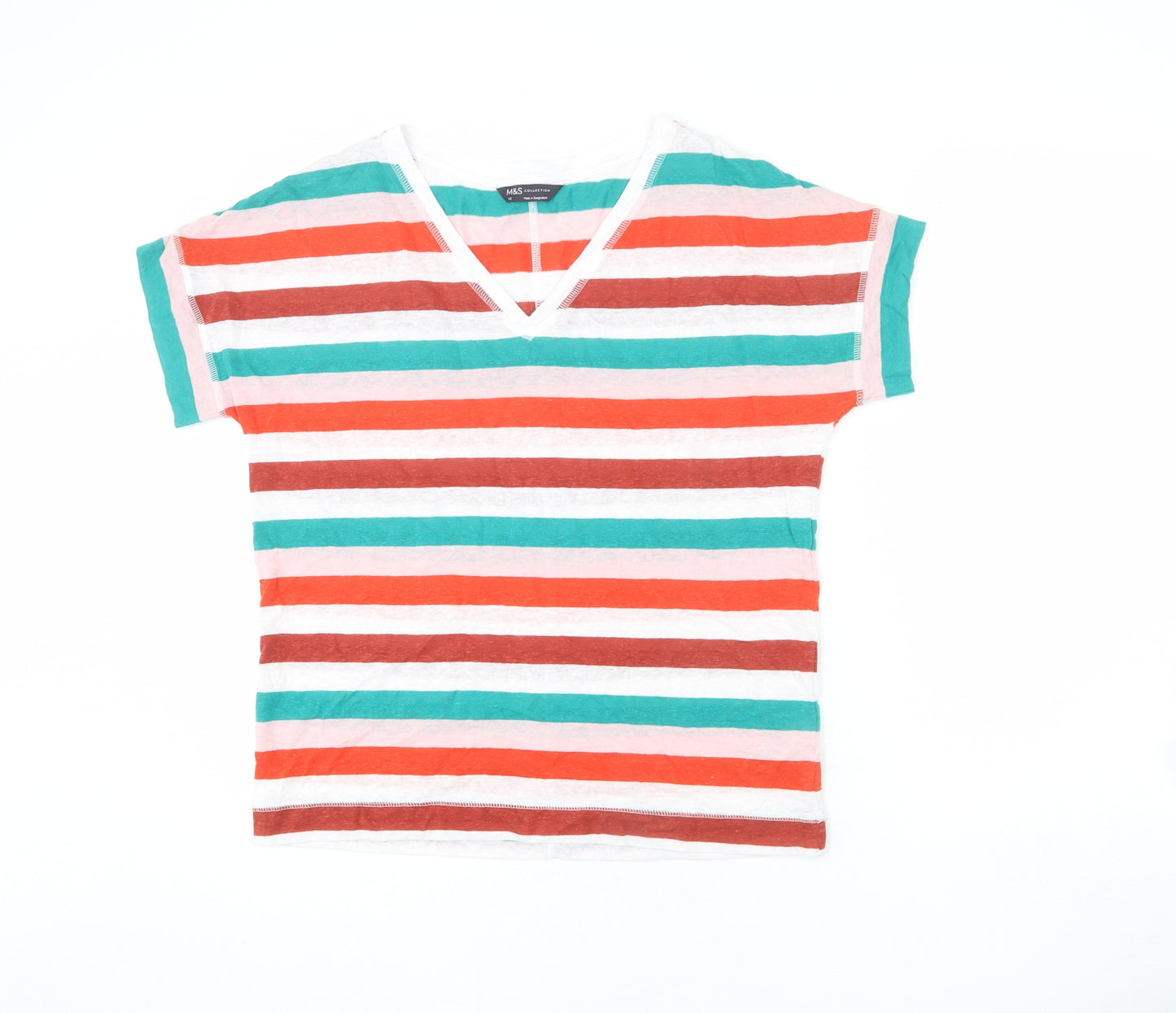Marks and Spencer Womens Multicoloured Striped Linen Basic T-Shirt Size 10 V-Neck