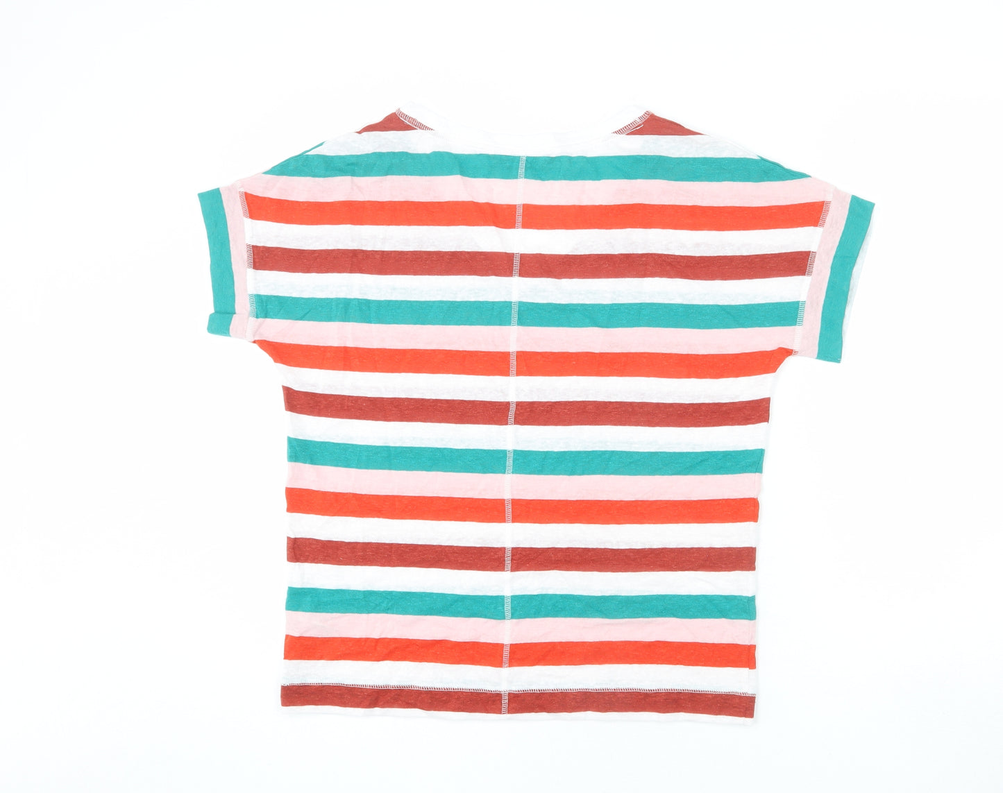 Marks and Spencer Womens Multicoloured Striped Linen Basic T-Shirt Size 10 V-Neck