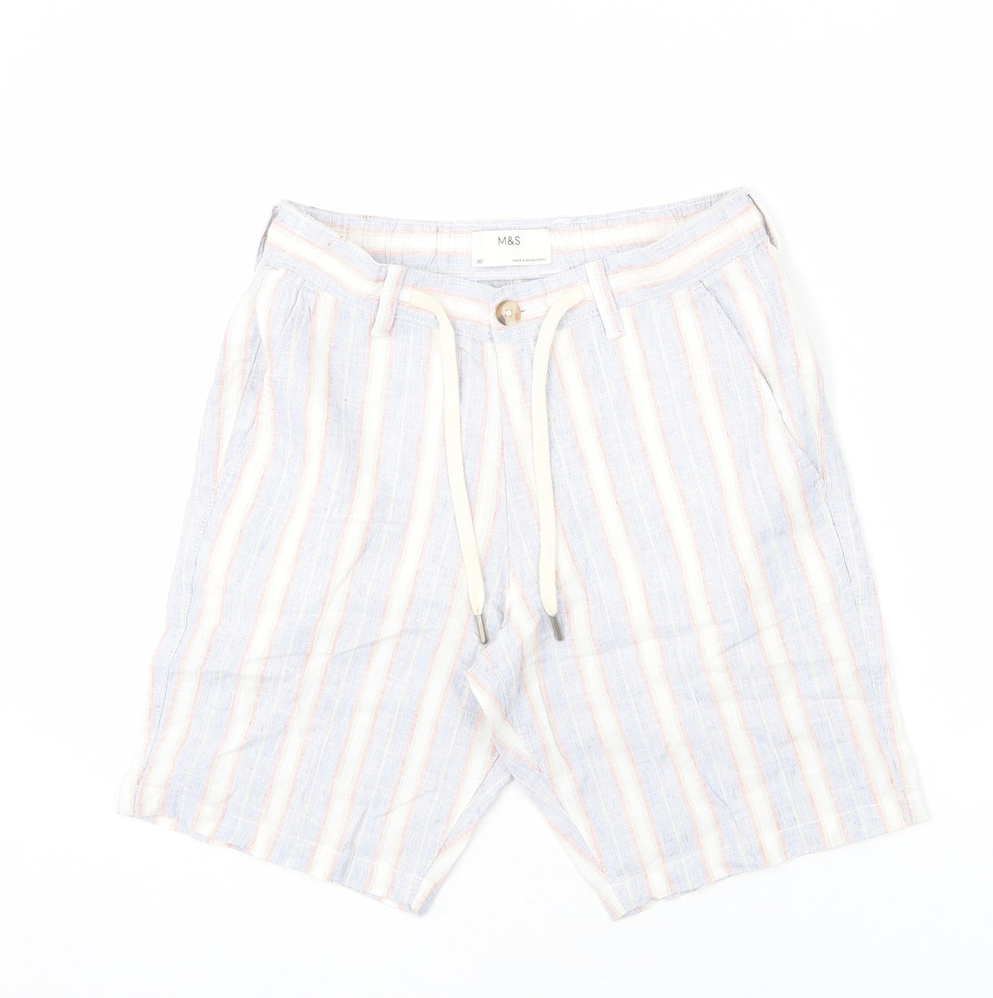 Marks and Spencer Mens Multicoloured Striped Linen Bermuda Shorts Size 30 in L9 in Regular Zip