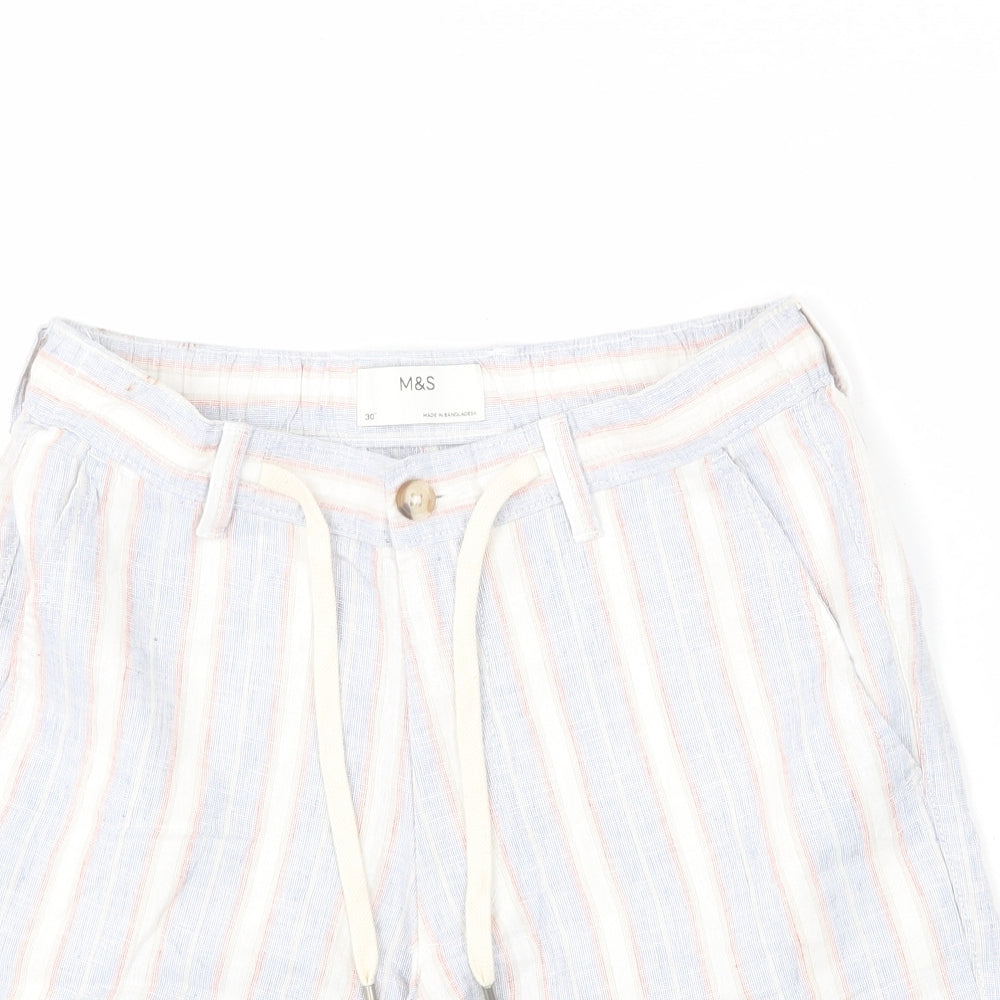 Marks and Spencer Mens Multicoloured Striped Linen Bermuda Shorts Size 30 in L9 in Regular Zip