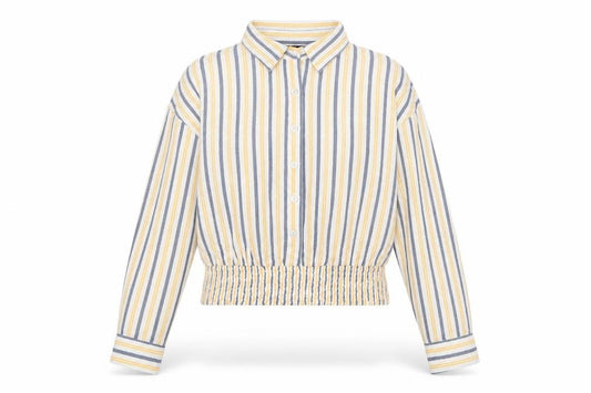 Front view of Zudio women’s multicoloured striped viscose cropped button-up, size XS, collared