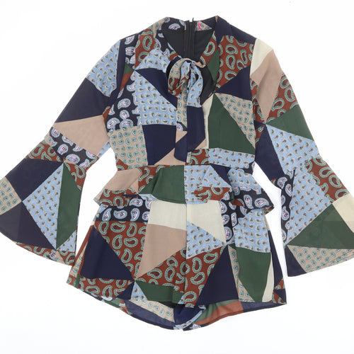 booho Womens Multicoloured Geometric Polyester Romper One-Piece Size 8 L3 in Zip - Patchwork, Tie Detail