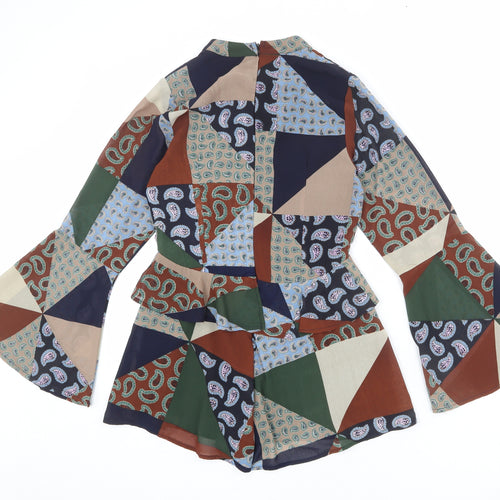 booho Womens Multicoloured Geometric Polyester Romper One-Piece Size 8 L3 in Zip - Patchwork, Tie Detail