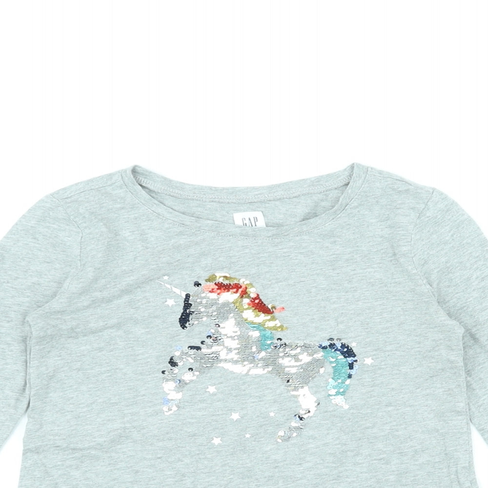 Gap Girls Grey Cotton Basic T-Shirt Size S Round Neck Pullover - Reversable Sequin Unicorn