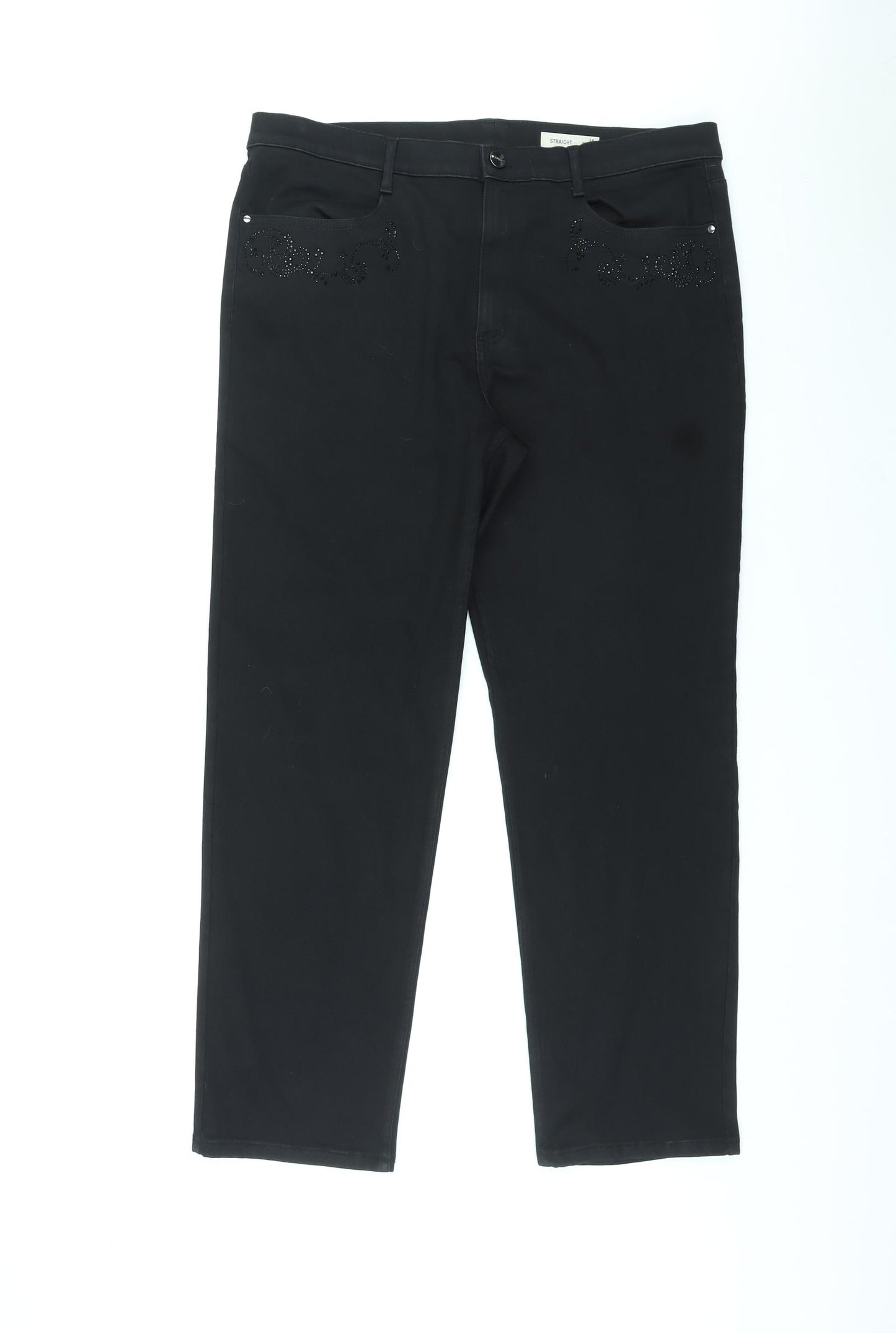 Marks and Spencer Womens Black Cotton Straight Jeans Size 18 L30 in Regular Zip - Embellished Pockets