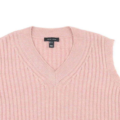 New Look Womens Pink V-Neck Acrylic Pullover Jumper Size M - Cropped Vest