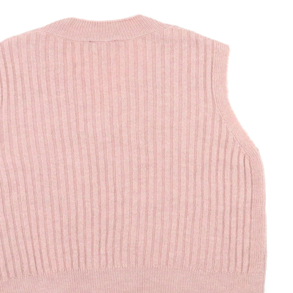 New Look Womens Pink V-Neck Acrylic Pullover Jumper Size M - Cropped Vest