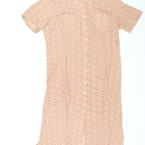Marks and Spencer Womens Beige Geometric Polyester Shirt Dress Size 18 V-Neck Button