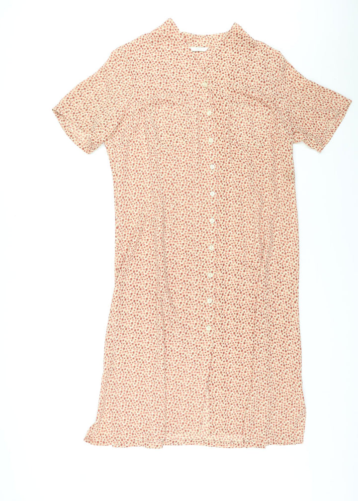 Marks and Spencer Womens Beige Geometric Polyester Shirt Dress Size 18 V-Neck Button