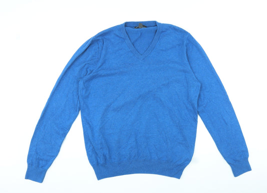 Marks and Spencer Mens Blue V-Neck Cotton Pullover Jumper Size L Long Sleeve